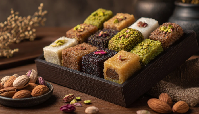 نمایی لوکس از مجموعه شیرینی‌ها و سوغات ایرانی شامل گز، سوهان، باقلوا و قطاب در قالب یک پک پریمیوم صادراتی.