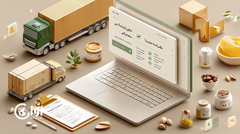 تصویر فرم ثبت تأمین‌کننده اوان تجارت با نمادهای کشاورزی ایران، کنترل کیفیت، حمل‌ونقل و مدارک لازم برای ثبت‌نام تأمین‌کننده