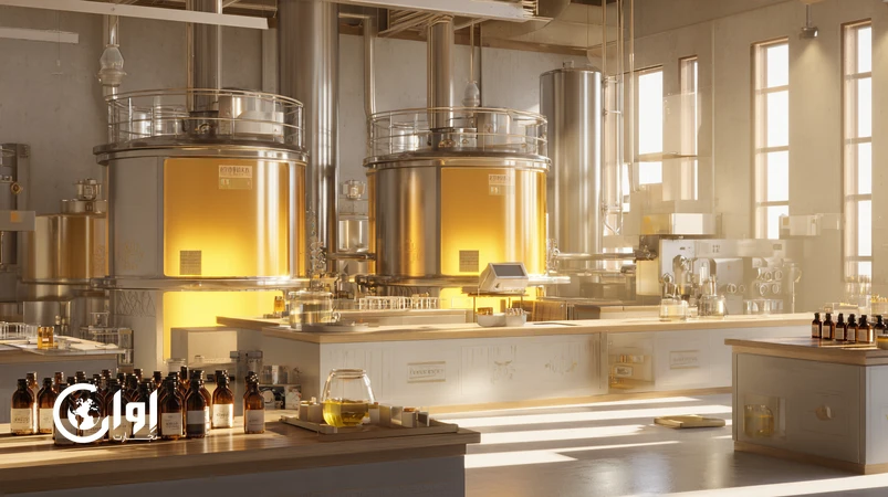 نمای داخلی خط مدرن استخراج سرد روغن کنجد و کتان با تجهیزات استیل، کنترل دما، بطری‌های تیره صادراتی و برچسب ردیابی؛ فناوری Cold Press برای ارزش صادراتی