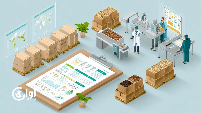 مدیر کیفیت اوان تجارت و تأمین‌کننده در حال بررسی مدارک HACCP، ISO 22000 و ردیابی بچ‌ها کنار نمونه‌ها و CoA برای همکاری صادراتی شفاف