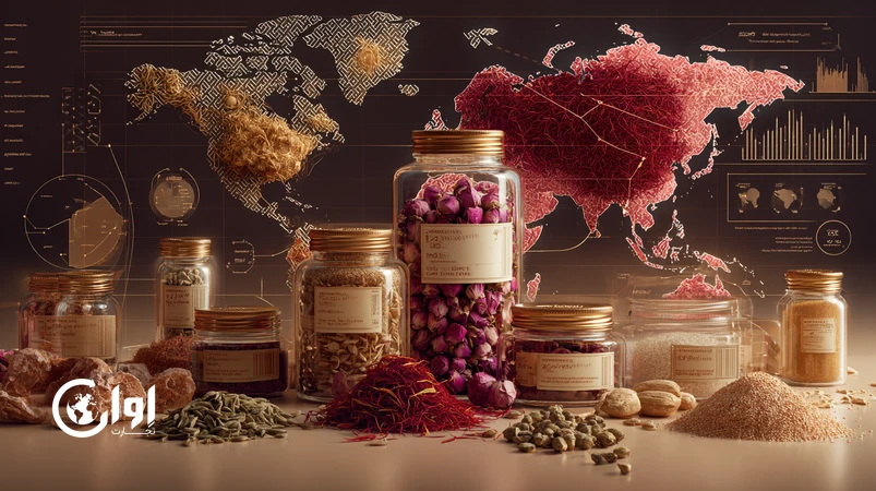 تصویر شاخص ادویه‌های ایرانی مانند زعفران، زیره، سماق و گل‌محمدی بر روی نقشه جهان با نشانه‌های رشد صادرات تا 2030 و تاکید بر کیفیت و ردیابی