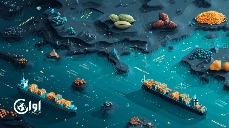 نقشه مسیرهای تجاری ایران به هند و شرق آسیا با نمایش صادرات پسته، زعفران، خرما و خشکبار و تاکید بر کیفیت و اسناد واردات