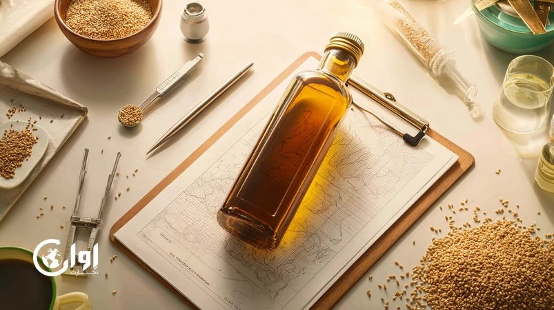 روغن کنجد ایرانی برای صنایع سلامت‌محور با شیشه کهربایی، دانه کنجد، فضای کنترل کیفیت و تاکید بر Traceability و Market Access