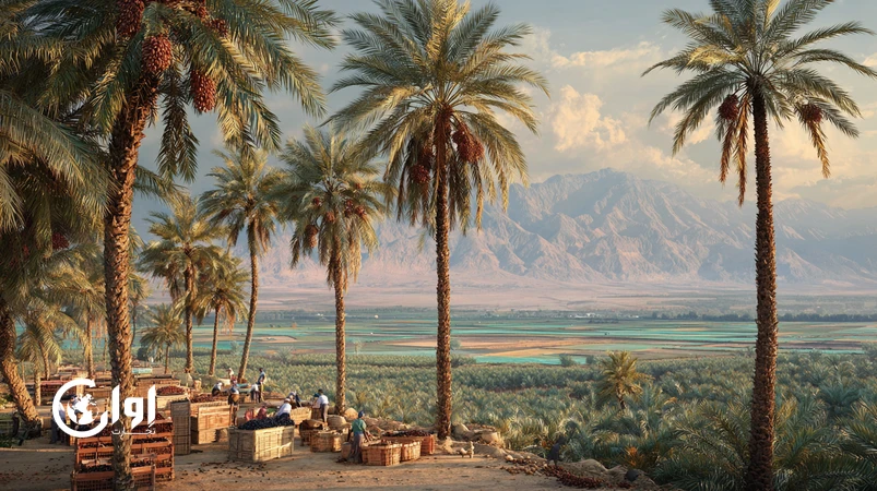 نمایی از باغ‌های خرمای کرمان از بم تا جیرفت با خوشه‌های مضافتی رسیده، پس‌زمینهٔ کویر و درهٔ هلیل‌رود و فرآیند برداشت برای صادرات؛ نمایش مزیت اقلیمی کرمان