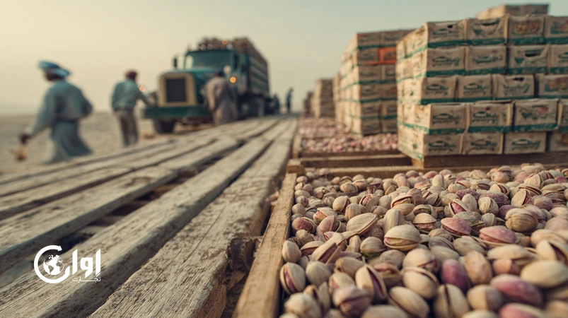 نمایی از باغ‌های پسته رفسنجان با برداشت محصول و کارتن‌های بسته‌بندی‌شده برای صادرات؛ تأکید بر پسته دهان‌باز، کیفیت و لجستیک جهانی