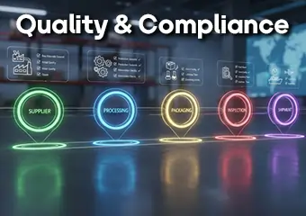 Evan Trade quality and compliance workflow illustrating supplier screening, processing control, packaging checks, inspection, and export readiness stages
