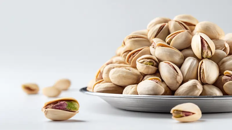 تصویر پسته بادامی در سینی فلزی. اوان تجارت