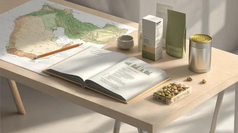 «میز کار تحلیلی با نقشه ایران، کتاب باز و بسته‌بندی‌های مواد غذایی صادراتی؛ اوان تجارت»