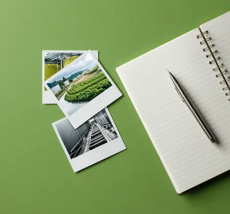 «دفتر یادداشت و عکس‌های میدانی از مزارع و خطوط تولید غذایی روی زمینه سبز؛ اوان تجارت»