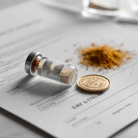 ویال نمونه‌ محصول و رشته‌های زعفران روی برگه گزارش آزمایشگاهی همراه با مهر تأیید کیفیت؛ نماد ارزیابی و استانداردسازی تأمین‌کنندگان