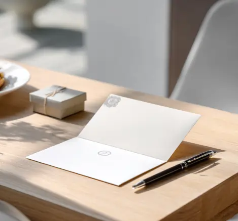 «کارت دعوت رسمی و خودکار روی میز روشن با نور طبیعی؛ اوان تجارت»