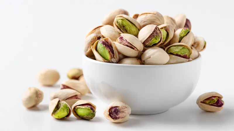 تصویر پسته کله قوچی در کاسه‌ای سفید . اوان تجارت