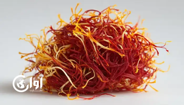 تصویر زعفران دسته(دخترپیچ) با ریشه های زرد و سفید(خامه) در تصویر. اوان تجارت