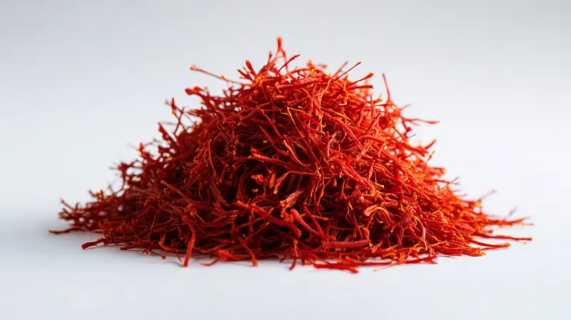 تصویری از زغفران سرگل با رشته های کاملا قرمز و سرچین زعفران. اوان تجارت