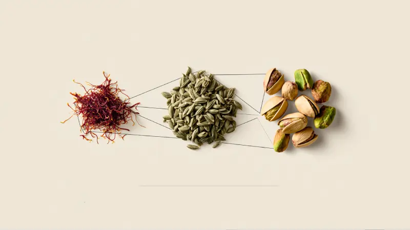 تصویری کلی از چند نمونه محصول تربت حیدریه. منطقه تولید زعفران زیره و پسته و..