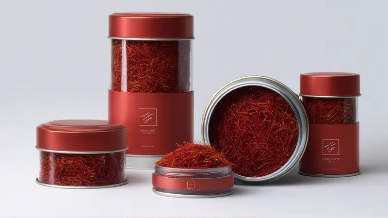 تصویر زعفران نگین تربت‌حیدریه با بسته‌بندی قوطی مناسب هدیه و سوغاتی اوان تجارت.