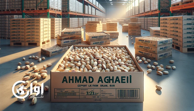 پسته احمد آقایی سیرجان بسته‌بندی شده در جعبه مقوایی صادراتی روی پالت، مناسب تأمین عمده و صادرات