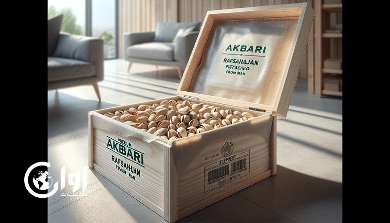 پسته اکبری رفسنجان در جعبه چوبی صادراتی لوکس با لاینر بهداشتی، مناسب بازارهای پریمیوم و هدیه سازمانی