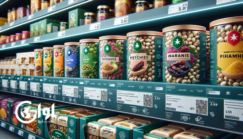 Australian consumer choosing imported Iranian nuts, dates and saffron with scientific packaging, clear origin and sustainable materials