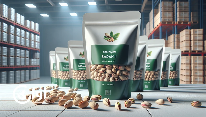 پسته بادامی رفسنجان در بسته‌بندی پاکت و وکیوم مخصوص صادرات B2B با طراحی مدرن روی میز چوبی