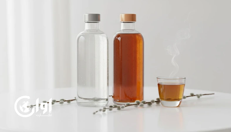 عرق بیدمشک بسته بندی بطری و شیشه با مایع شفاف در بطری شیشه ای روشن و تیره مناسب صادرات