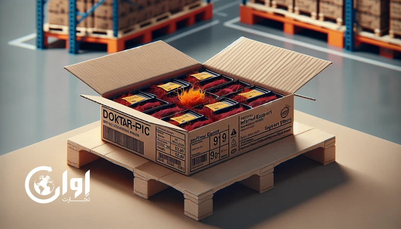 زعفران دخترپیچ بیرجند در داخل بسته‌های محافظ قرارگرفته در کارتن مقوایی صادراتی زعفران روی پالت، مناسب برای صادرات و خرید عمده زعفران دسته