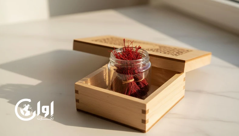 زعفران دسته بیرجند در جعبه چوبی صادراتی؛ مناسب خرید عمده و صادرات B2B_اوان تجارت