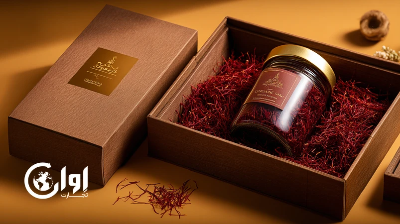 بسته‌بندی کادویی صادراتی زعفران نگین پریمیوم بیرجند در جعبه سخت لوکس مناسب پرایوت‌لیبل زعفران
