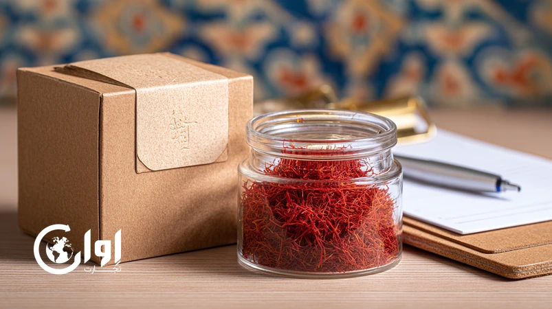 زعفران سرگل بیرجند با بسته‌بندی جعبه مقوایی برای صادرات B2B و برچسب‌گذاری استاندارد_اوان تجارت