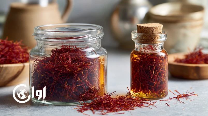 زعفران سوپر نگین بیرجند در بسته‌بندی شیشه‌ای بطری و جار برای صادرات B2B و عرضه پریمیوم