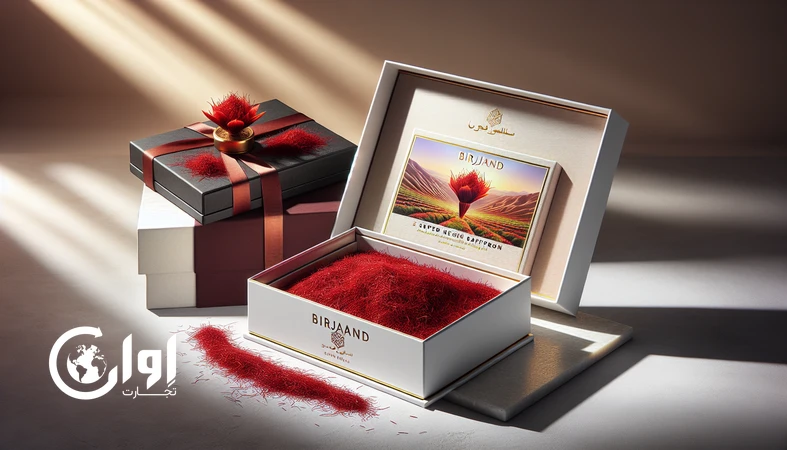بسته‌بندی پریمیوم و کادویی زعفران سوپر نگین بیرجند صادراتی با نمایش رشته‌های قرمز یکنواخت برای بازارهای لوکس و هدیه