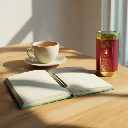 «فنجان چای ایرانی کنار یک قوطی چای صادراتی قرمز و طلایی، روی میز کار روشن با دفتر باز و خودکار، در نور گرم صبحگاهی – اوان تجارت»