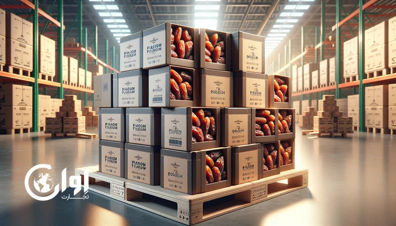 بسته‌بندی خرمای پیارم بوشهر در جعبه مقوایی صادراتی روی پالت، آماده حمل بین‌المللی توسط اوان تجارت