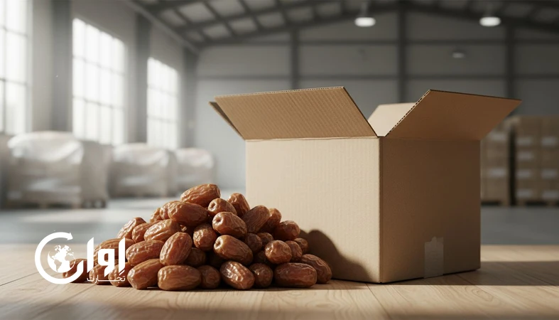 خرمای سایر (استعمران) بوشهر در کنار بسته‌بندی کارتن مقوایی مناسب صادرات خرما و خرید عمده B2B