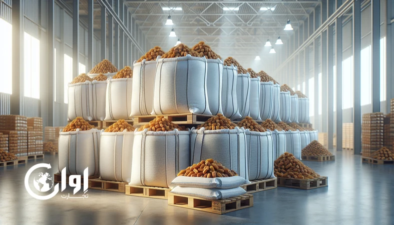 خرمای زاهدی بوشهر در کیسه و گونی فله PP Woven روی پالت، آماده صادرات برای واردکنندگان مواد غذایی_اوان تجارت