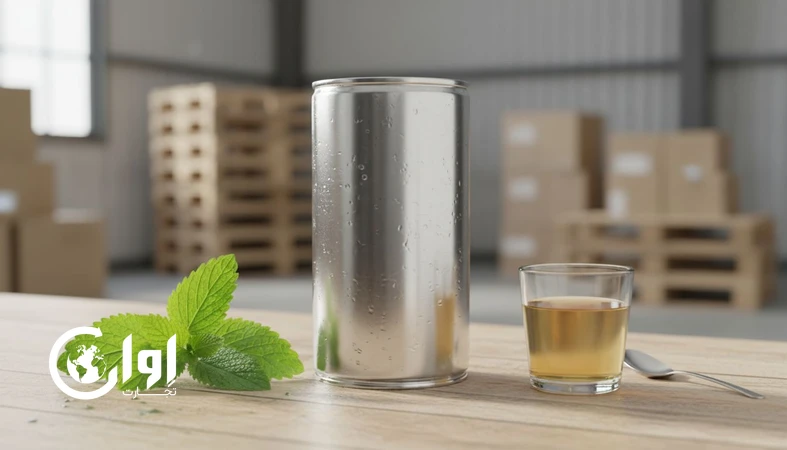 قوطی کنسرو شربت به‌لیمو برای صادرات با برگ‌های تازه به‌لیمو و نمایش کیفیت بسته‌بندی پایدار