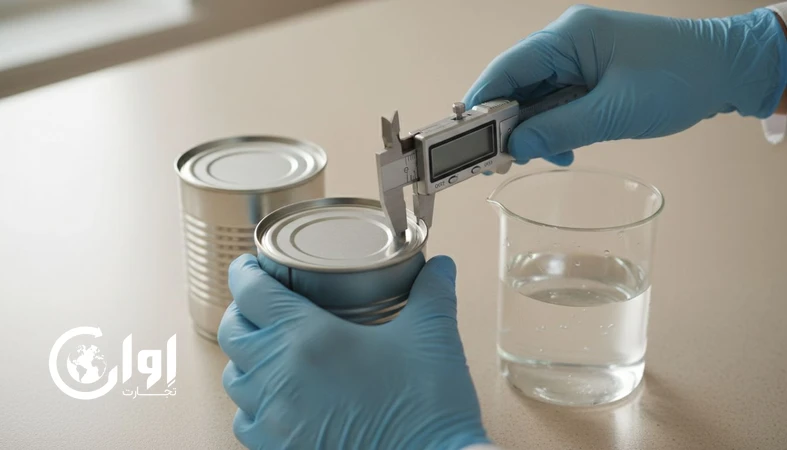 بررسی کنترل کیفیت نوشیدنی گیاهی گلاب در قوطی کنسرو برای صادرات، شامل تست نشتی و کنترل درب قوطی