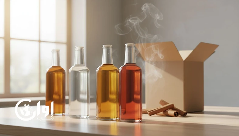 بسته بندی صادراتی عرق دارچین در بطری و شیشه روی میز بررسی کیفیت برای خرید عمده B2B