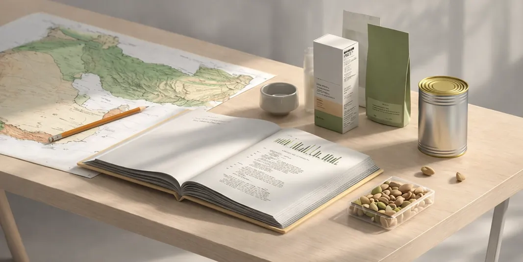 «میز کار تحلیلی با نقشه ایران، کتاب باز و بسته‌بندی‌های مواد غذایی صادراتی؛ اوان تجارت»