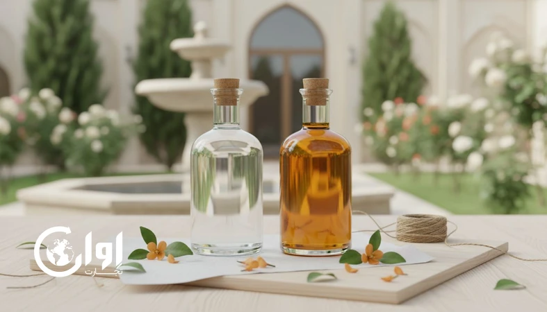 عرق بهارنارنج فارس در بسته بندی بطری شیشه ای شفاف و کهربایی برای فروش B2B و صادرات