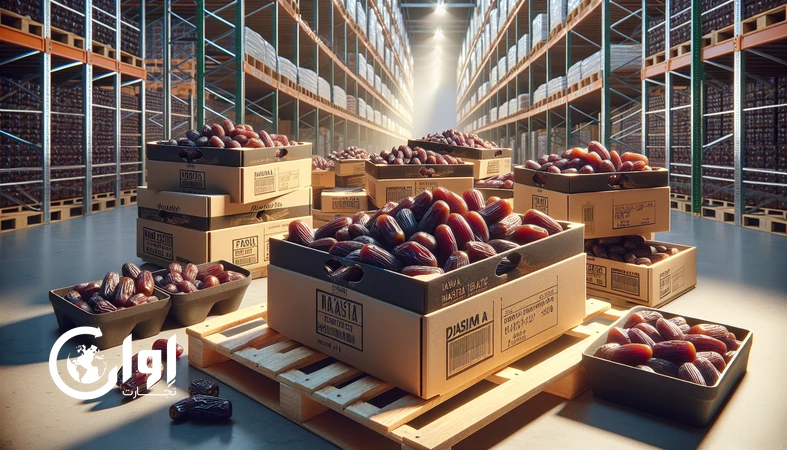 خرمای مضافتی فارس در کارتن مقوایی صادراتی روی پالت چیده شده با سینی‌های داخلی، مناسب صادرات و لجستیک استاندارد_اوان تجارت