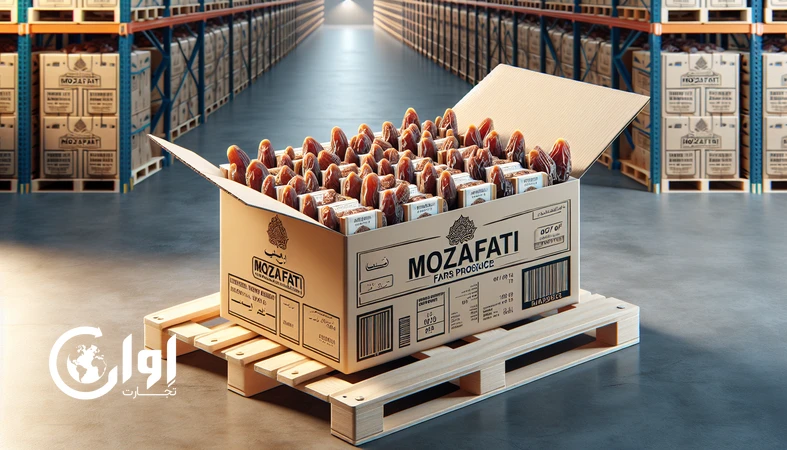 خرمای مضافتی فارس در بسته‌بندی صادراتی عایق دما روی پالت، مناسب مسیرهای طولانی صادراتی و کنترل ریسک کیفیت