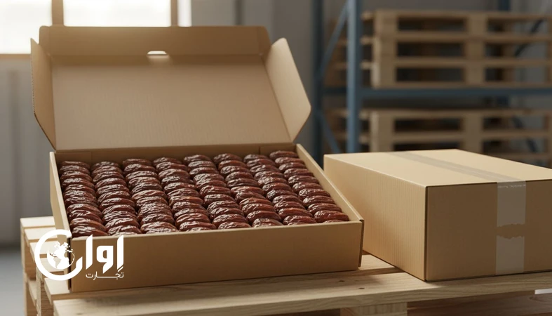 خرمای پیارم فارس در بسته‌بندی جعبه مقوایی مناسب خرید عمده خرما و صادرات خرما_اوان تجارت
