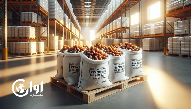 خرمای زاهدی فارس فله در کیسه و گونی با بسته‌بندی صادراتی روی پالت در انبار مدرن_اوان تجارت