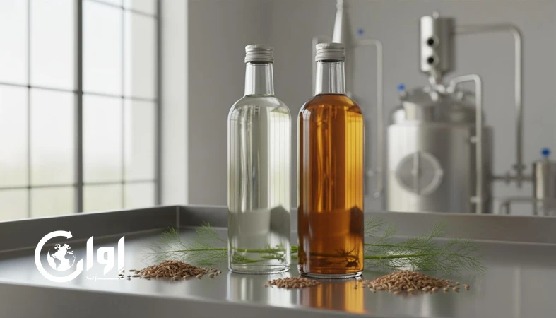 عرق رازیانه صادراتی در بطری شیشه ای شفاف و بطری شیشه ای کهربایی روی میز کنترل کیفیت