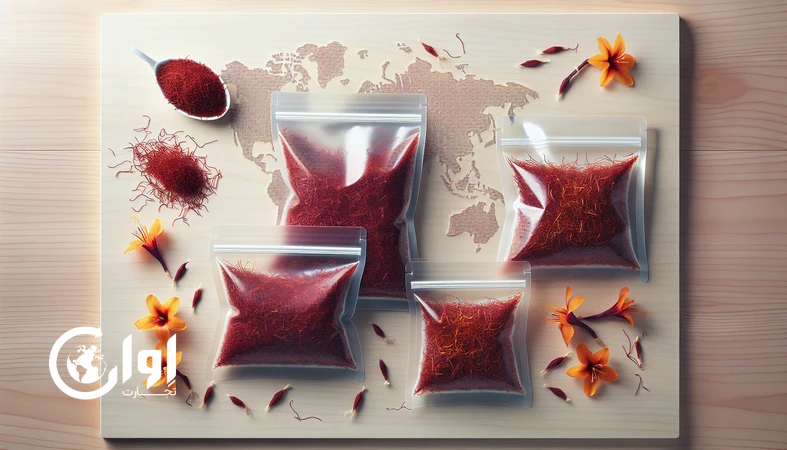 زعفران دسته دخترپیچ قائنات در بسته‌بندی پاکت وکیوم صادراتی روی میز چوبی، مناسب برای خرید عمده و صادرات زعفران دسته صادراتی_اوان تجارت