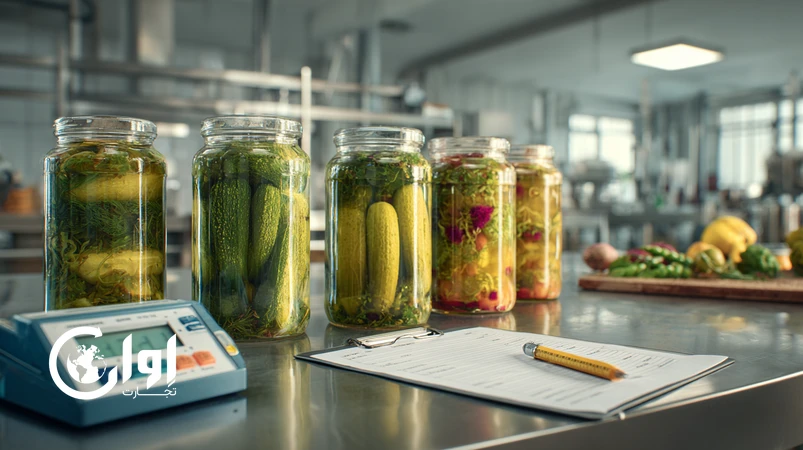 شیشه‌های ترشی صادراتی روی میز آزمایشگاه در کنار دستگاه اندازه‌گیری pH و برگه کنترل کیفیت برای توضیح استانداردهای جهانی ماندگاری، اسیدیتیه و ایمنی در ترشیجات