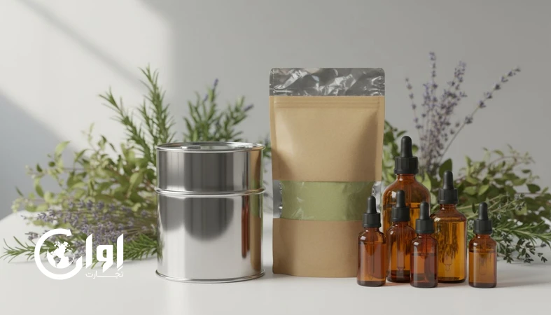تصویر فرآورده‌های گیاهی شامل بطری‌های عصاره و اسانس و بسته‌بندی صنعتی برای خرید عمده و صادرات