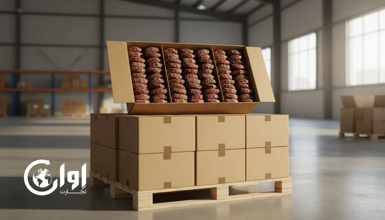 خرمای شاهانی هرمزگان در جعبه مقوایی صادراتی با چیدمان پالت مناسب پخش و صادرات
