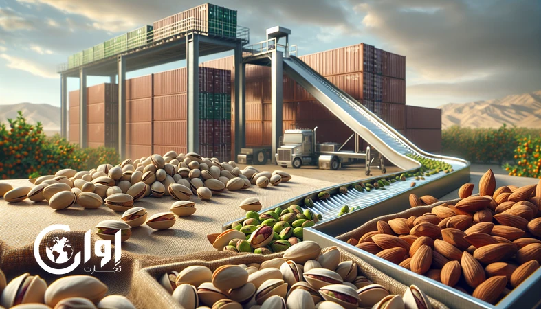 زنجیره تأمین صادرات پسته و بادام ایران از باغ تا فرآوری، بسته‌بندی و بارگیری کانتینر